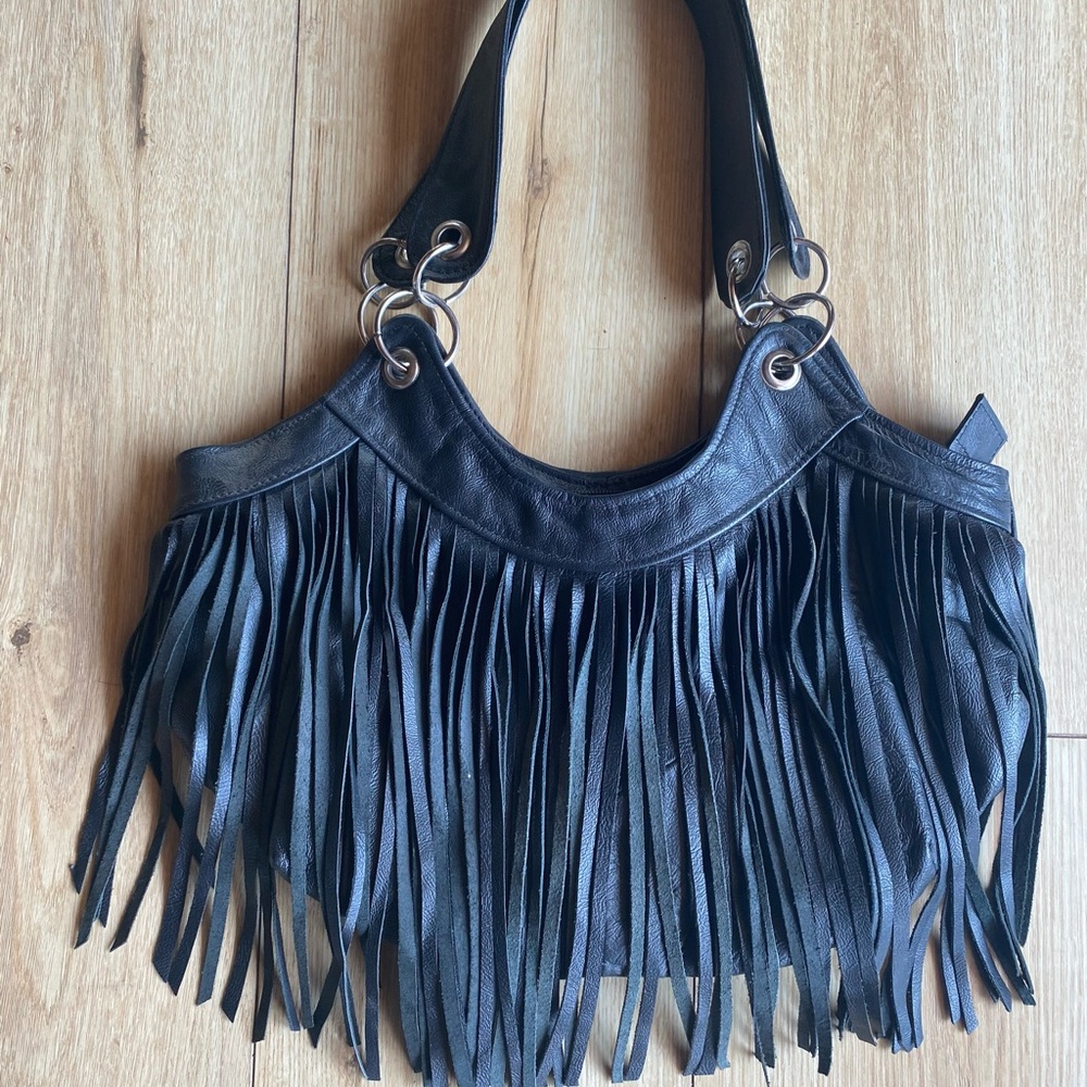 Genuine Leather Black Boho Fringe shoulder bag/purse. Made in Mexico.